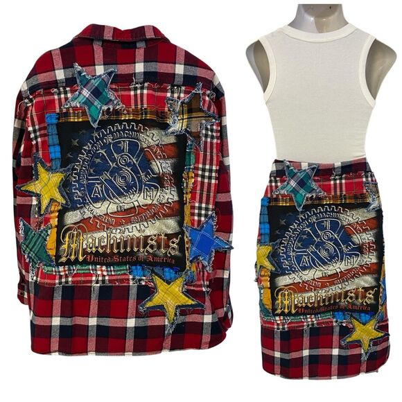Upcycled Flannel Shirt Shacket Womens 3XL Machinist Grunge Patchwork Folk Art - Picture 1 of 14
